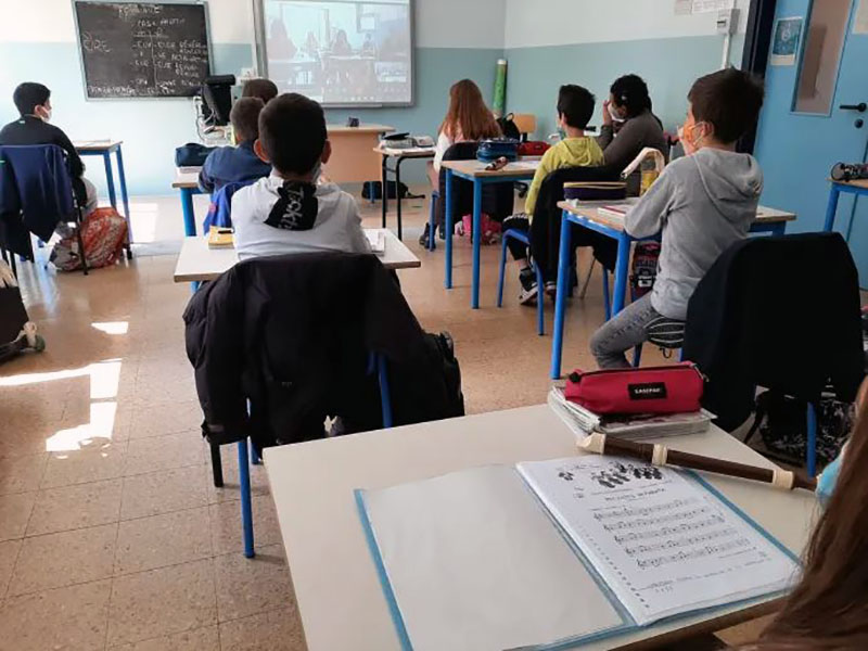 bambini in classe ripresi di schiena che seguono una videolezione