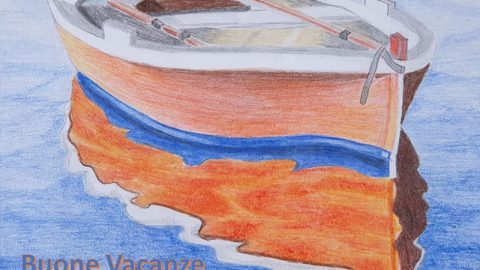 Disegno di barca a remi con riflesso nell'acqua e la scritta Buone Vacanze