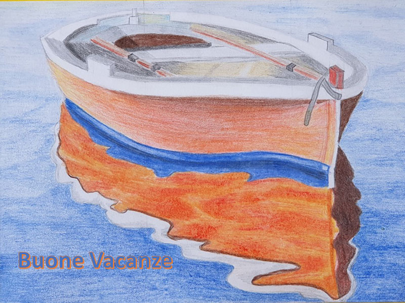 Disegno di barca a remi con riflesso nell'acqua e la scritta Buone Vacanze